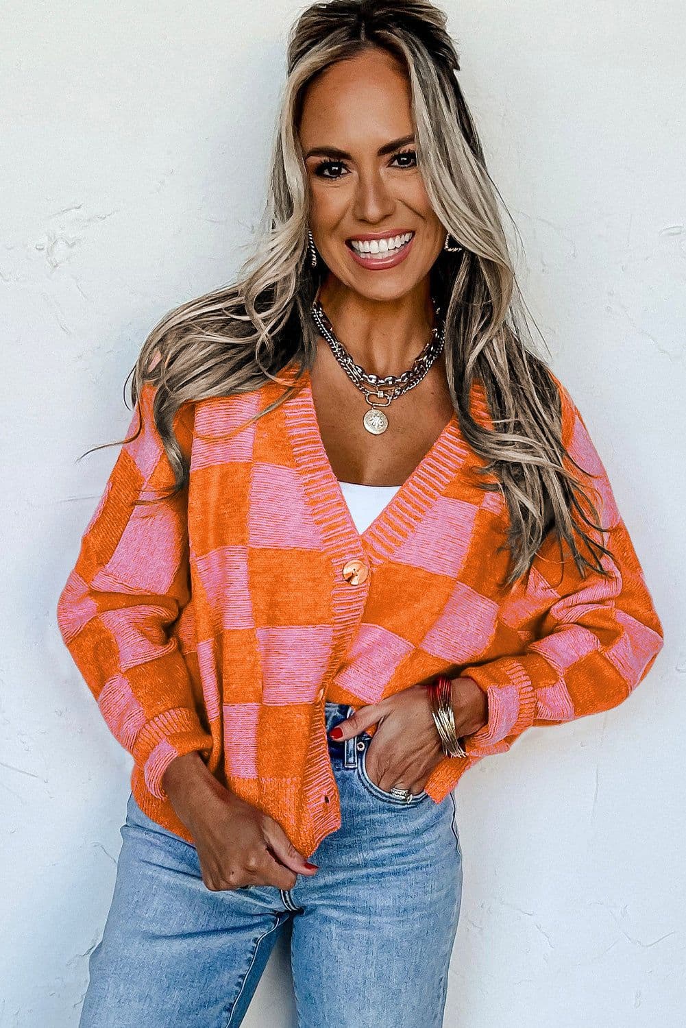 image-Orange Plaid V-Neck Drop Shoulder Cardigan - Chic & Relaxed Fit XL