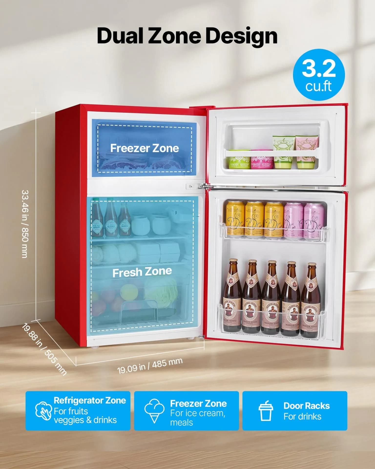 image-VEVOR Mini Fridge with Freezer, 3.2 Cu.Ft, Two Door Compact Refrigerator with Adjustable Temperature, Glass Shelf, Energy Efficient Dorm Fridge, Low Noise Small Refrigerator, for Bedroom, Office, Red