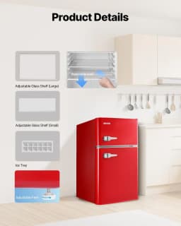 image-VEVOR Mini Fridge with Freezer, 3.2 Cu.Ft, Two Door Compact Refrigerator with Adjustable Temperature, Glass Shelf, Energy Efficient Dorm Fridge, Low Noise Small Refrigerator, for Bedroom, Office, Red