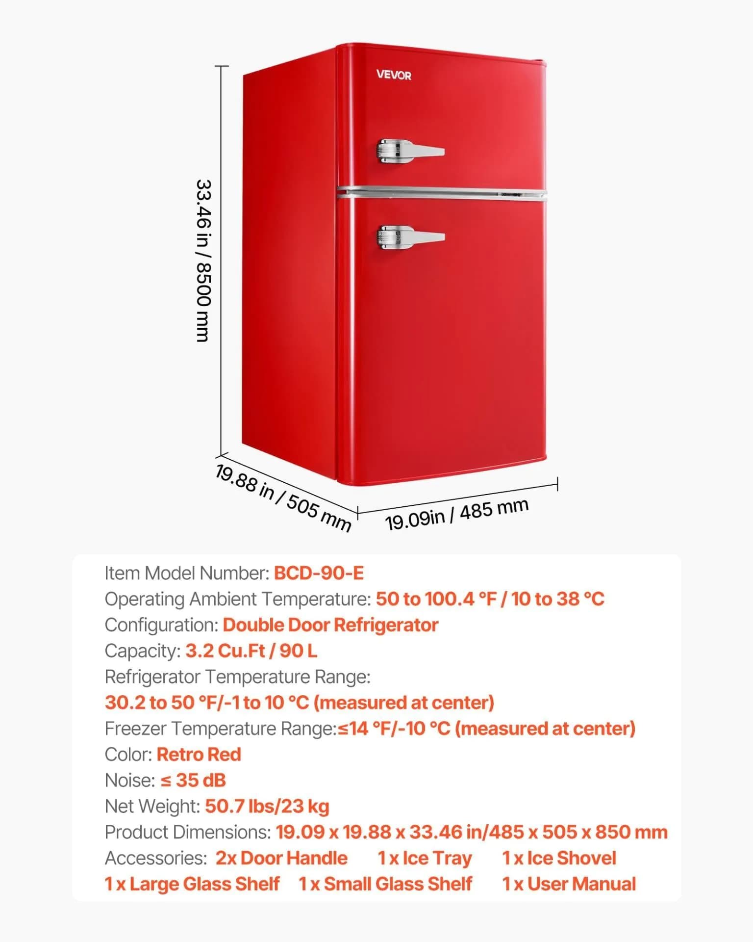 image-VEVOR Mini Fridge with Freezer, 3.2 Cu.Ft, Two Door Compact Refrigerator with Adjustable Temperature, Glass Shelf, Energy Efficient Dorm Fridge, Low Noise Small Refrigerator, for Bedroom, Office, Red