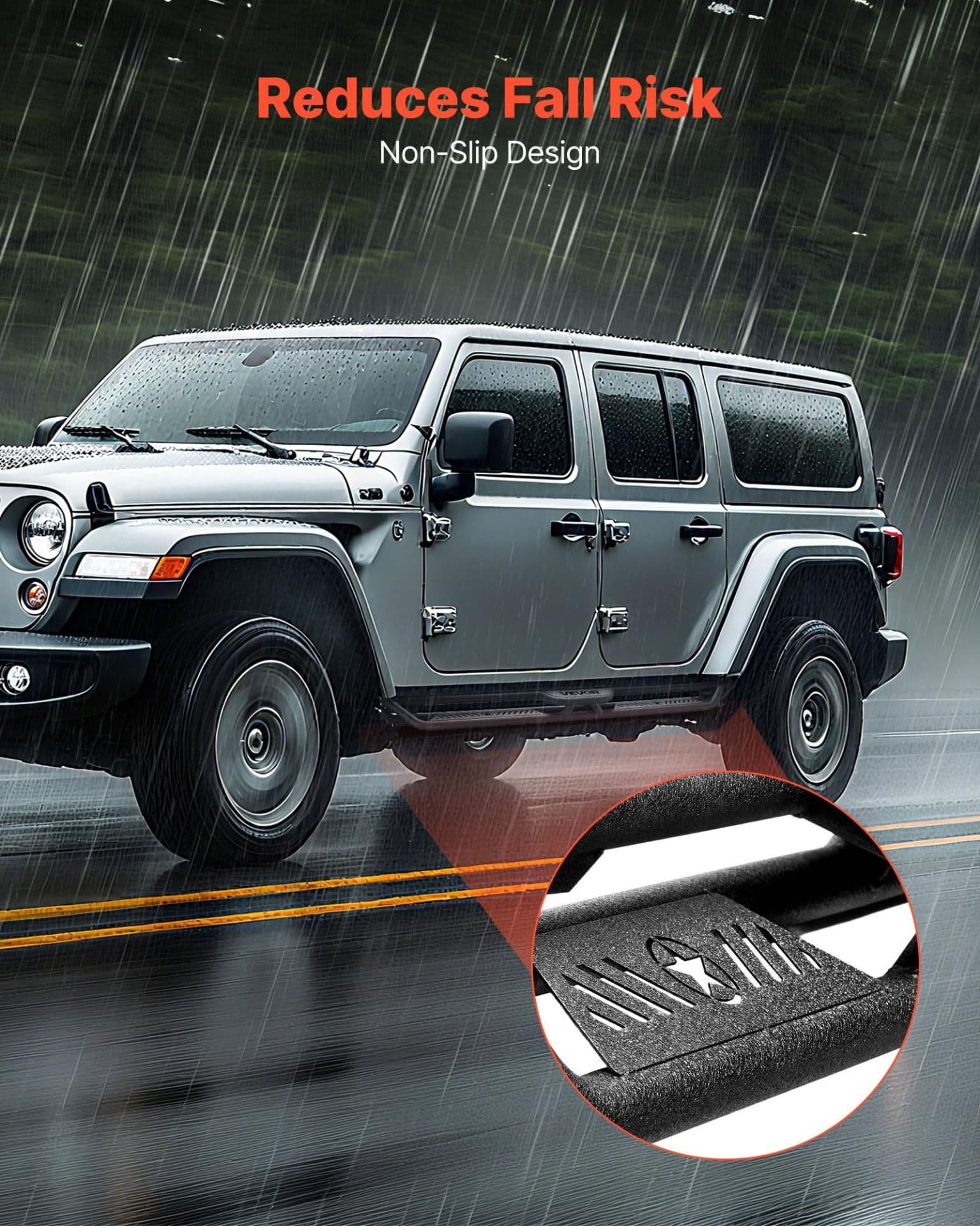 image-VEVOR Running Boards, 6 Inches Side Steps Compatible with 2018-2025 Jeep Wrangler JL 4 Door, Black Carbon Steel Nerf Bars, 550 lbs Load Capacity, Wide Non-Slip Hollow Surface with Rustproof Coating