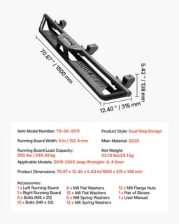 image-VEVOR Running Boards, 6 Inches Side Steps Compatible with 2018-2025 Jeep Wrangler JL 4 Door, Black Carbon Steel Nerf Bars, 550 lbs Load Capacity, Wide Non-Slip Hollow Surface with Rustproof Coating
