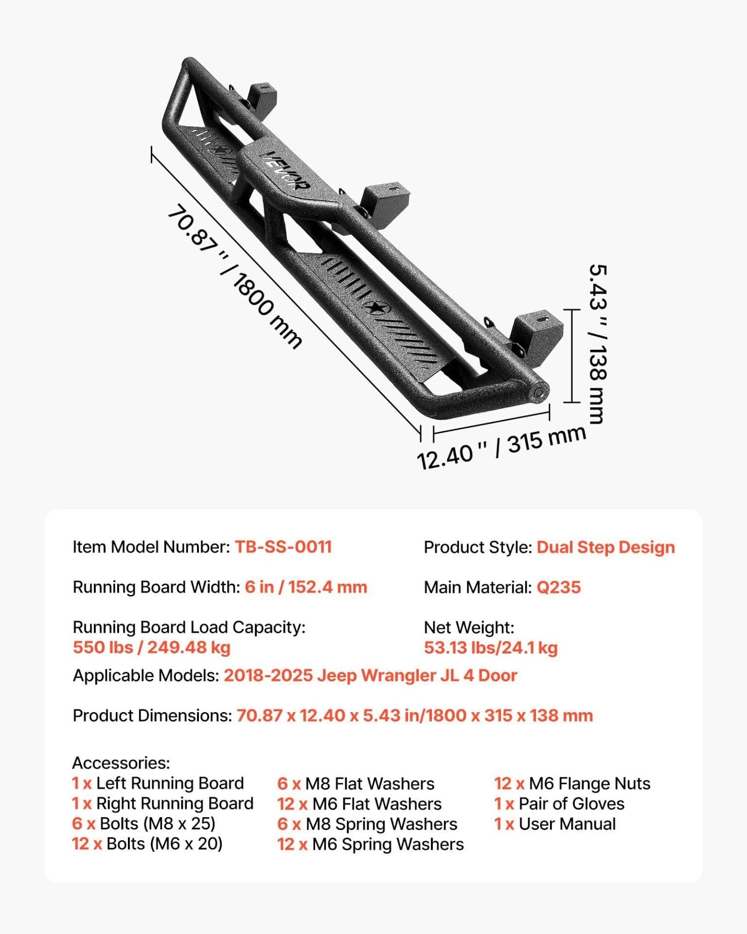 image-VEVOR Running Boards, 6 Inches Side Steps Compatible with 2018-2025 Jeep Wrangler JL 4 Door, Black Carbon Steel Nerf Bars, 550 lbs Load Capacity, Wide Non-Slip Hollow Surface with Rustproof Coating