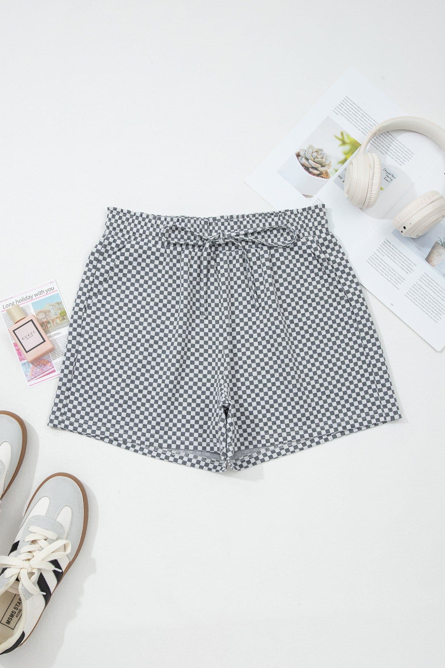 image-Gray Checkerboard Shorts - Drawstring Waist