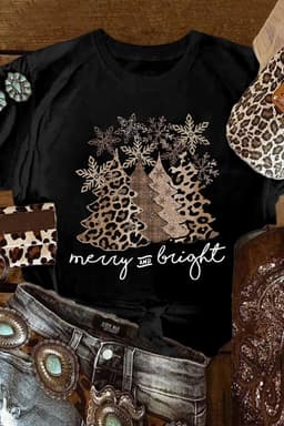image-Black Leopard Christmas Tree Graphic Crew Neck T-Shirt