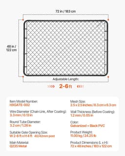 image-VEVOR Chain Link Fence Gate, 72 x 48 in, Adjustable Chain Link Fence Panel, Fit 2.2-6 ft (W) x 6 ft (H) Garden Fence Gate Opening, Fencing Gate with Plastic Coating, for Farm Black, Posts Not Included