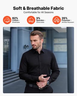 image-VEVOR Men's Button Up Shirt, Mens Long Sleeve Wrinkle-free Button Down Dress Shirts, Slim Fit Soft Stretch Fabric for Business Casual or Formal, Work, Wedding, Dinner, Black