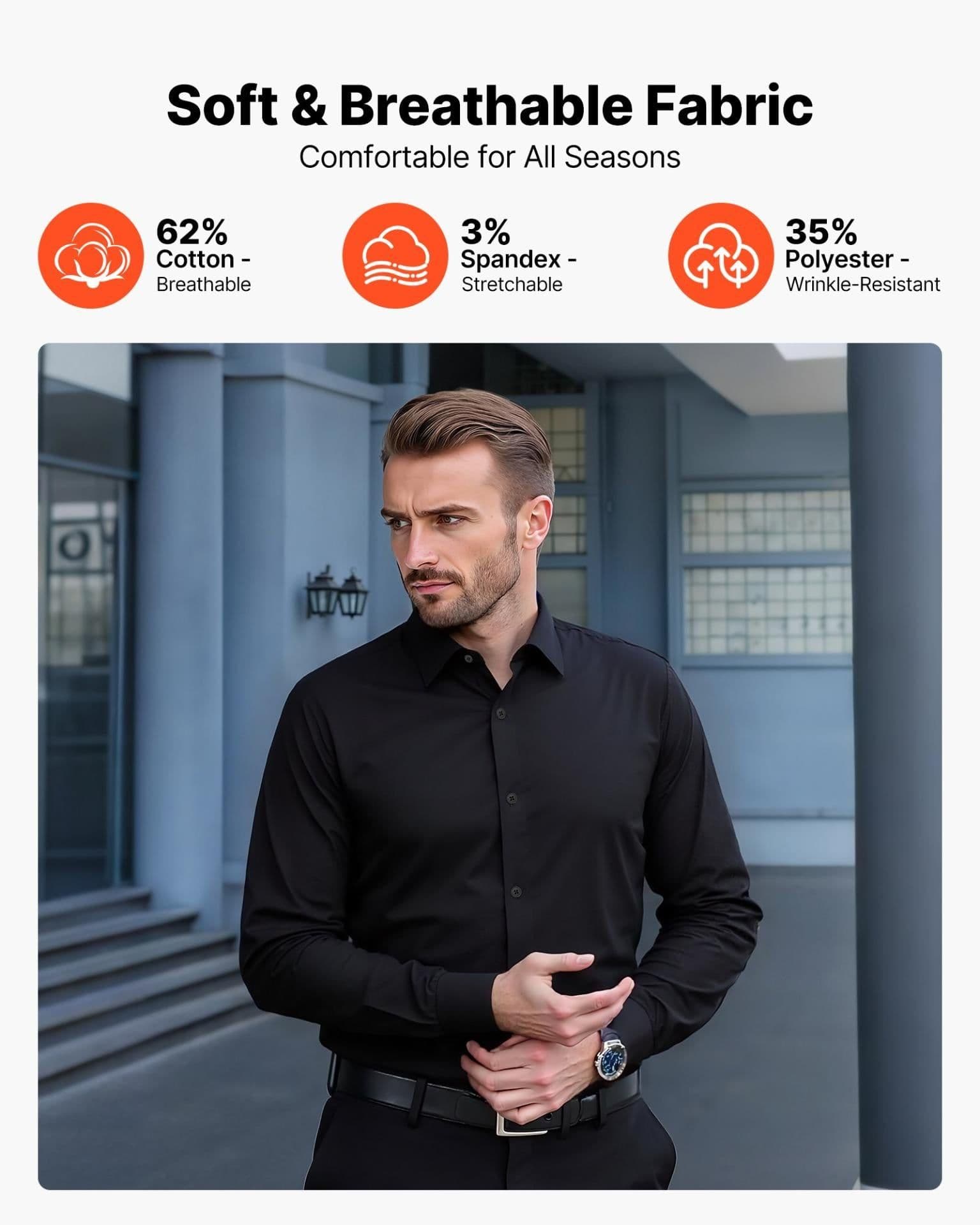 image-VEVOR Men's Button Up Shirt, Mens Long Sleeve Wrinkle-free Button Down Dress Shirts, Slim Fit Soft Stretch Fabric for Business Casual or Formal, Work, Wedding, Dinner, Black