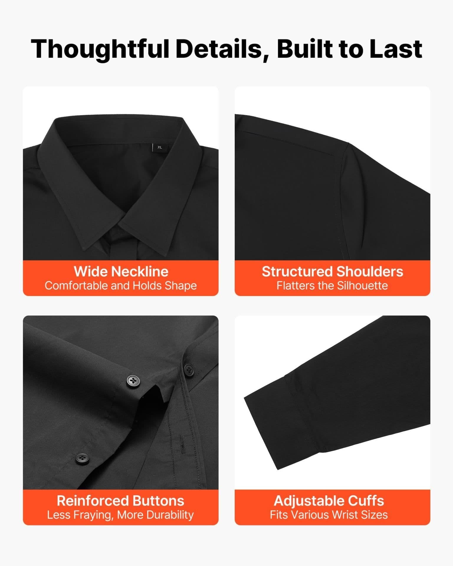 image-VEVOR Men's Button Up Shirt, Mens Long Sleeve Wrinkle-free Button Down Dress Shirts, Slim Fit Soft Stretch Fabric for Business Casual or Formal, Work, Wedding, Dinner, Black