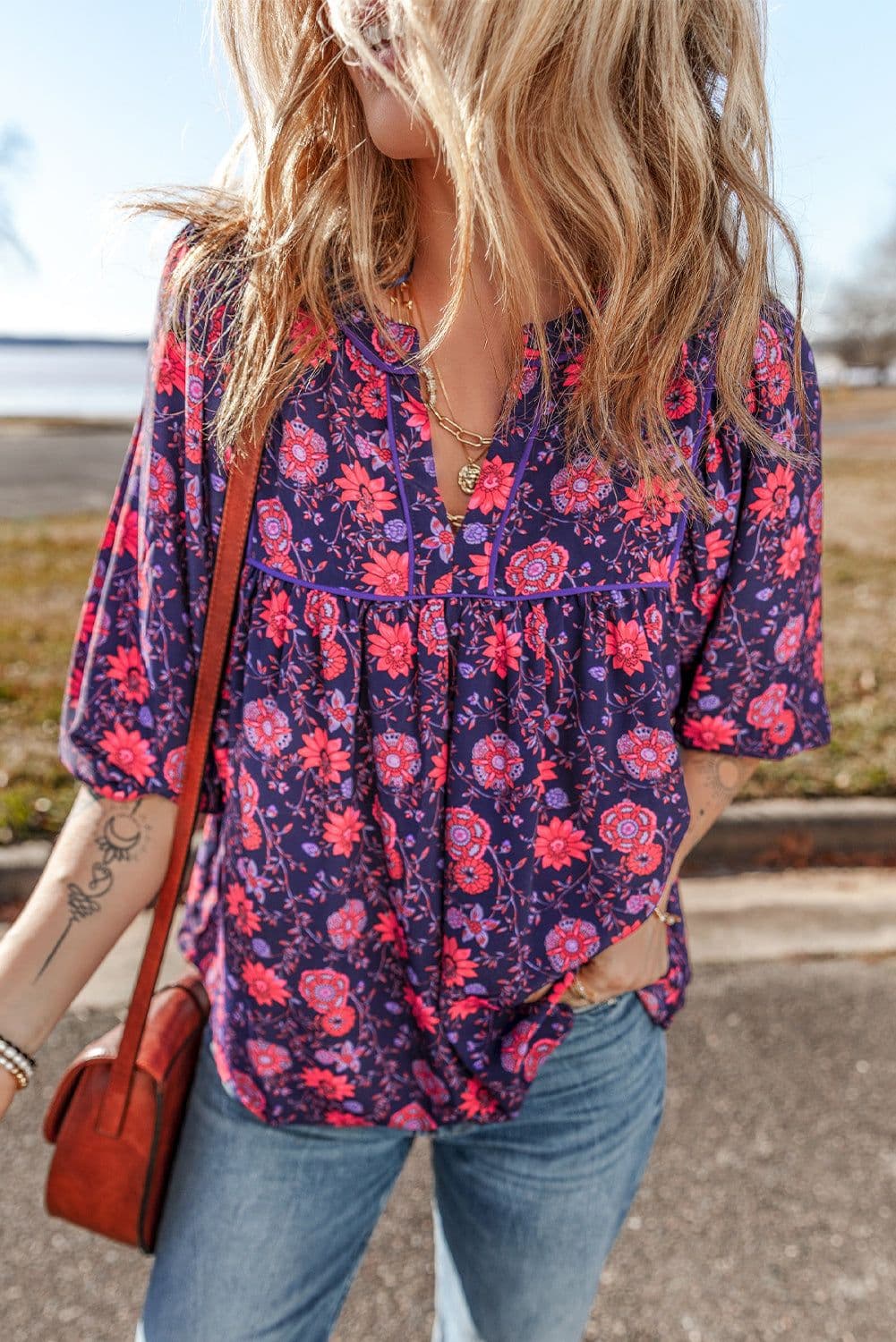 image-Floral Half Sleeve Split Neck Blouse Top - Purple