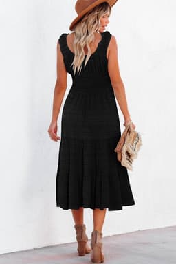 image-Rose Shirred Pleated Square Neck Sleeveless Midi Dress