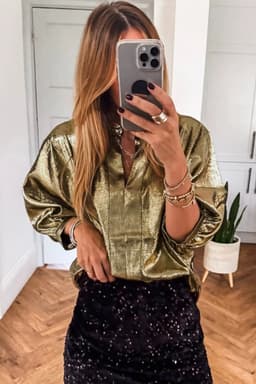 image-Gold Metallic Split Neck Half Sleeve Blouse