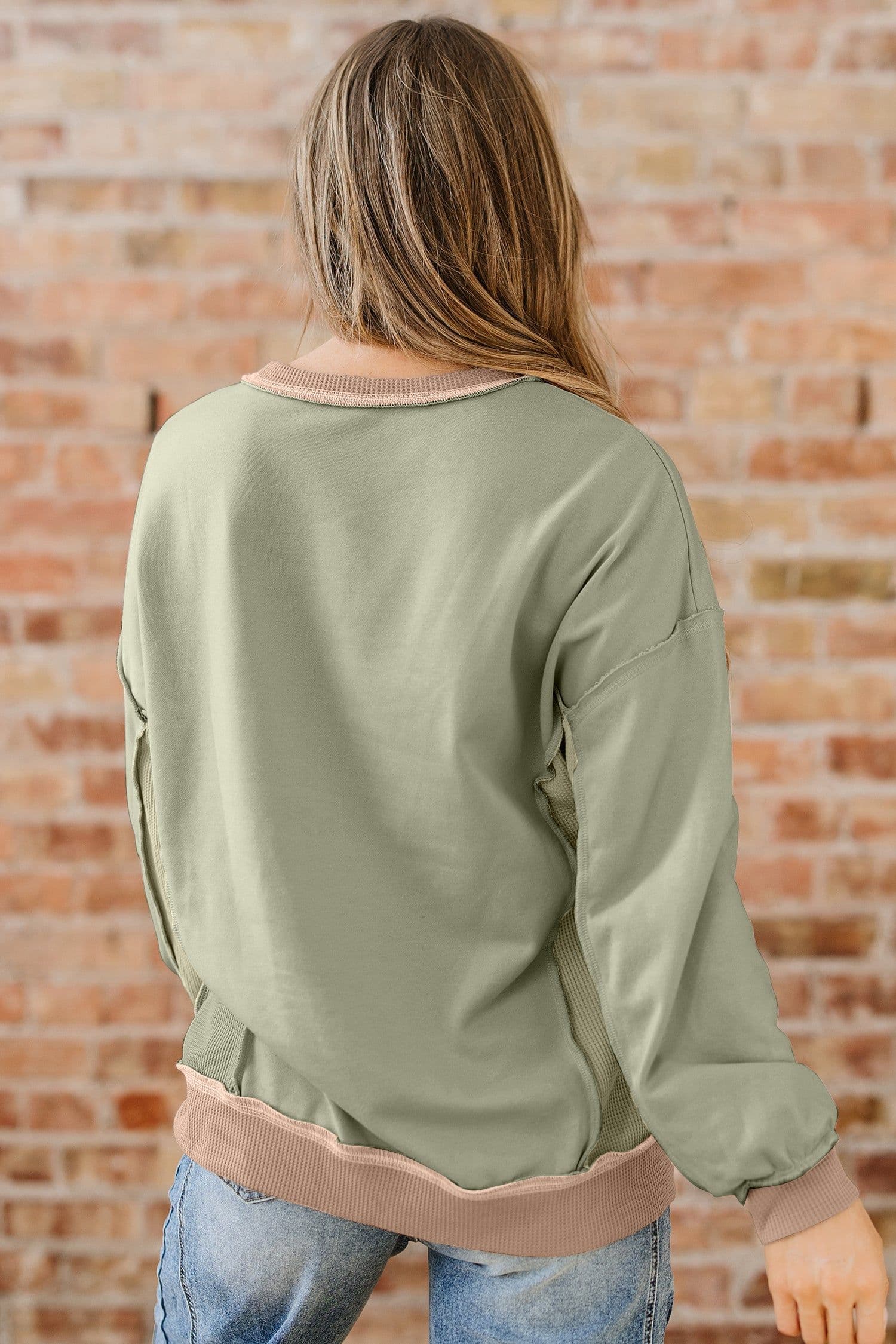 image-Wild Wind Color Block Waffle Patchwork Sweatshirt