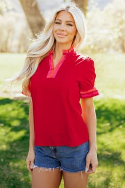 image-Fiery Red Striped Ruffled Blouse - Short Sleeve