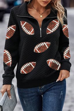 image-Sequin Rugby Sweatshirt - Quarter Zip, Textured Black with Football Patches
