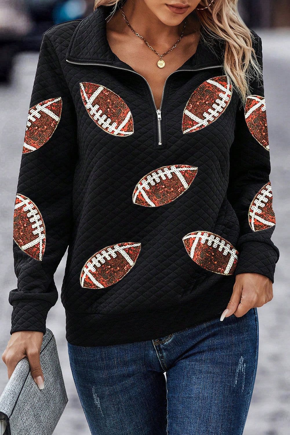 image-Sequin Rugby Sweatshirt - Quarter Zip, Textured Black with Football Patches