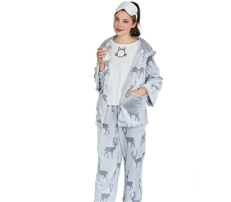 image-Bu Nai Winter Pajamas Set - Flannel V-Neck Long Sleeve