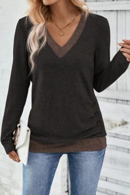 image-Chicory Color Block V Neck Long Sleeve Top