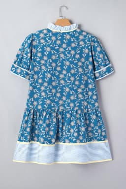 image-Blue Plus Size Floral Print Striped Patchwork Detail Button Front Ruffle Hem Dress
