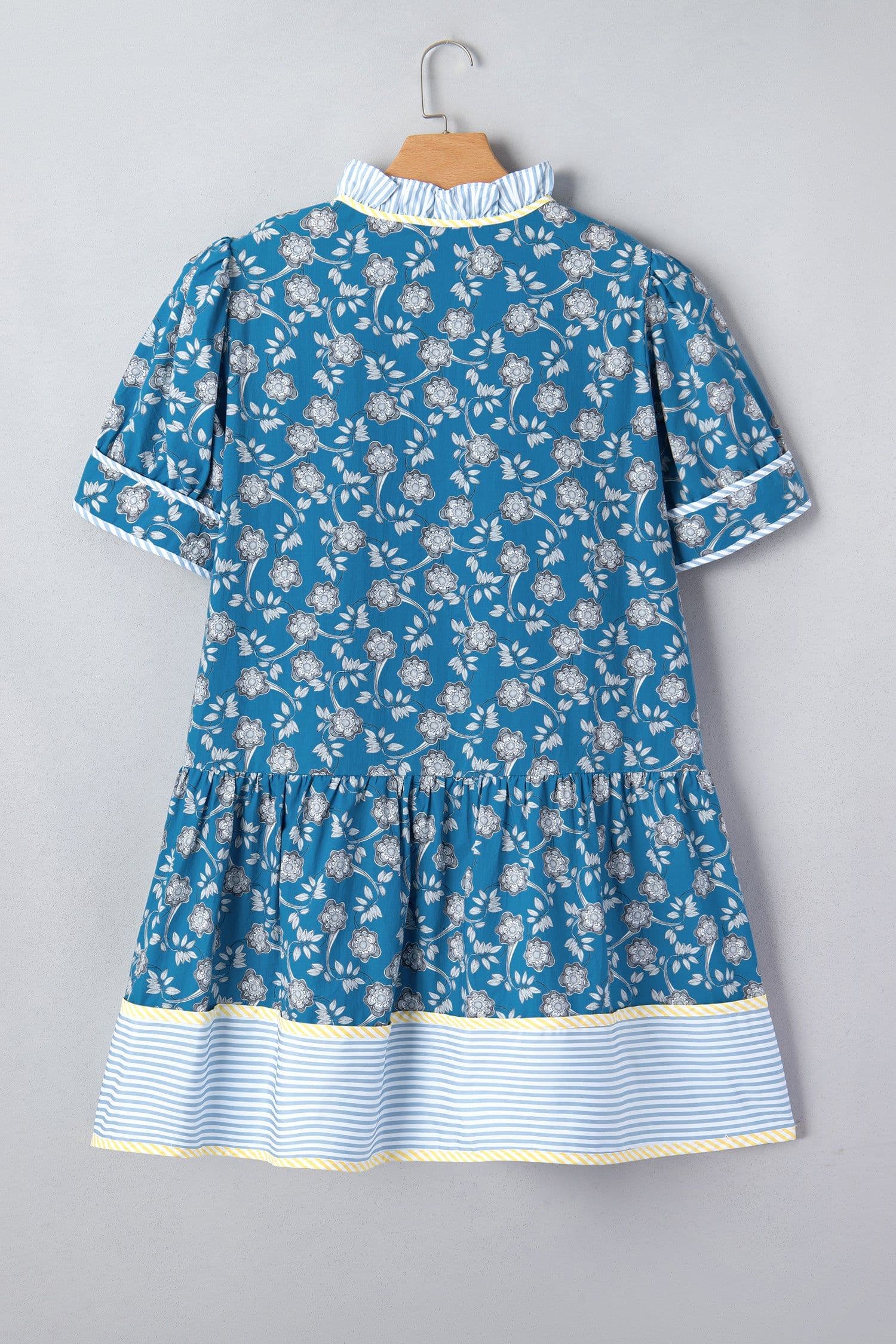 image-Blue Plus Size Floral Print Striped Patchwork Detail Button Front Ruffle Hem Dress