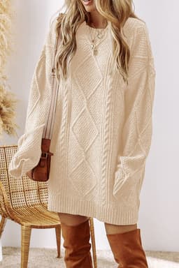 image-Oatmeal Cable Knit Drop Shoulder Loose Fit Sweater Dress