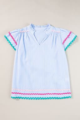 image-Sky Blue Striped Blouse with Ricrac Trim & Ruffled Sleeves