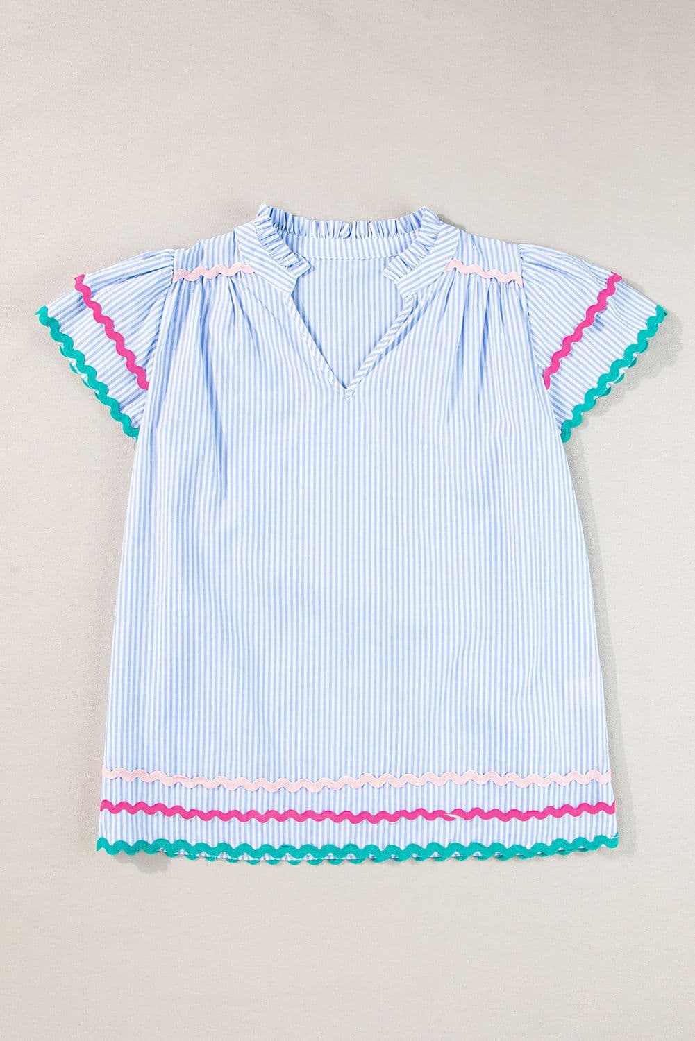 image-Sky Blue Striped Blouse with Ricrac Trim & Ruffled Sleeves