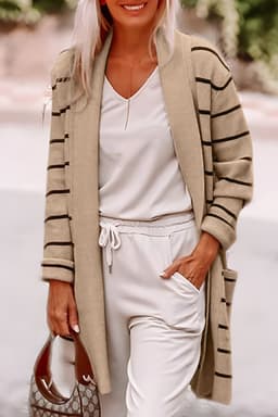 image-Black Stripe Shawl Neckline Open Cardigan with Pockets