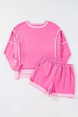 image-Pink High Low Patchwork Long Sleeve Top & Shorts Set - Size Guide Included