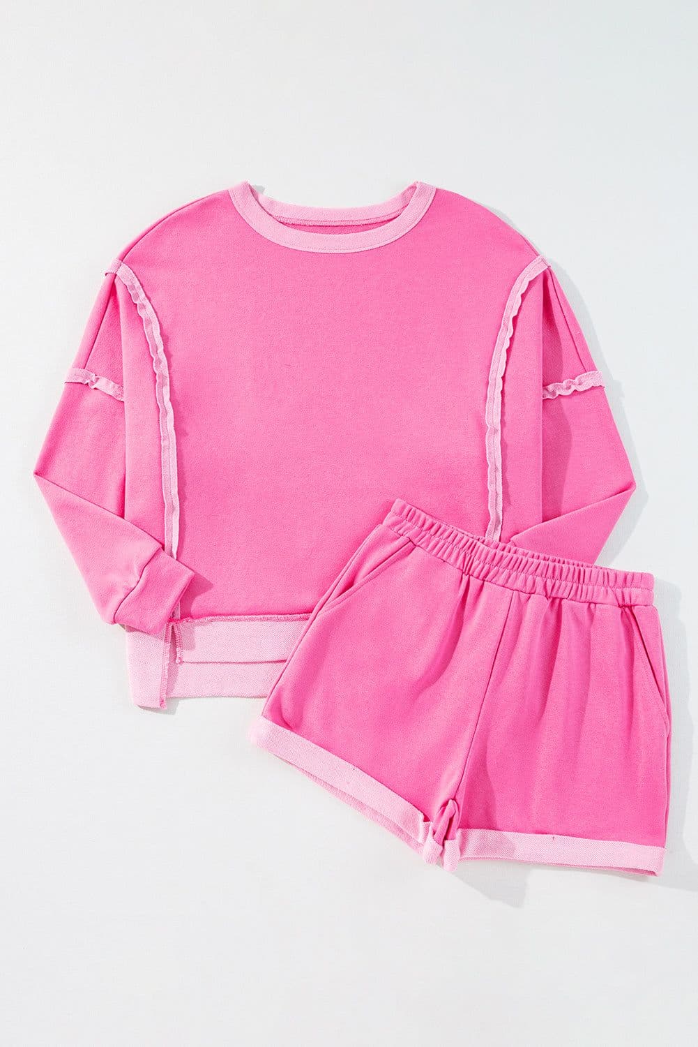 image-Pink High Low Patchwork Long Sleeve Top & Shorts Set - Size Guide Included
