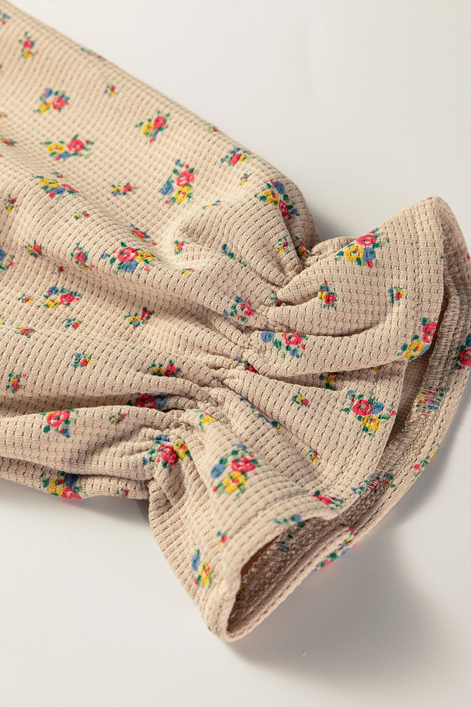 image-Mist Green Boho Floral Plaid Patchwork Distressed Detail Ruffled Sleeve Waffle Knit Shacket