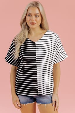 image-Black Stripe Two Tone Colorblock V Neck T Shirt