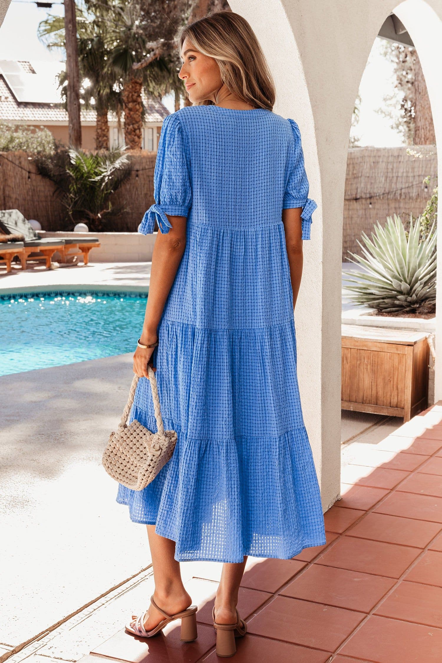 image-Dusk Blue Gingham Midi Dress - Bow Tie Sleeve
