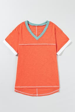 image-Contrast Trim V-Neck T-shirt - Grapefruit Orange