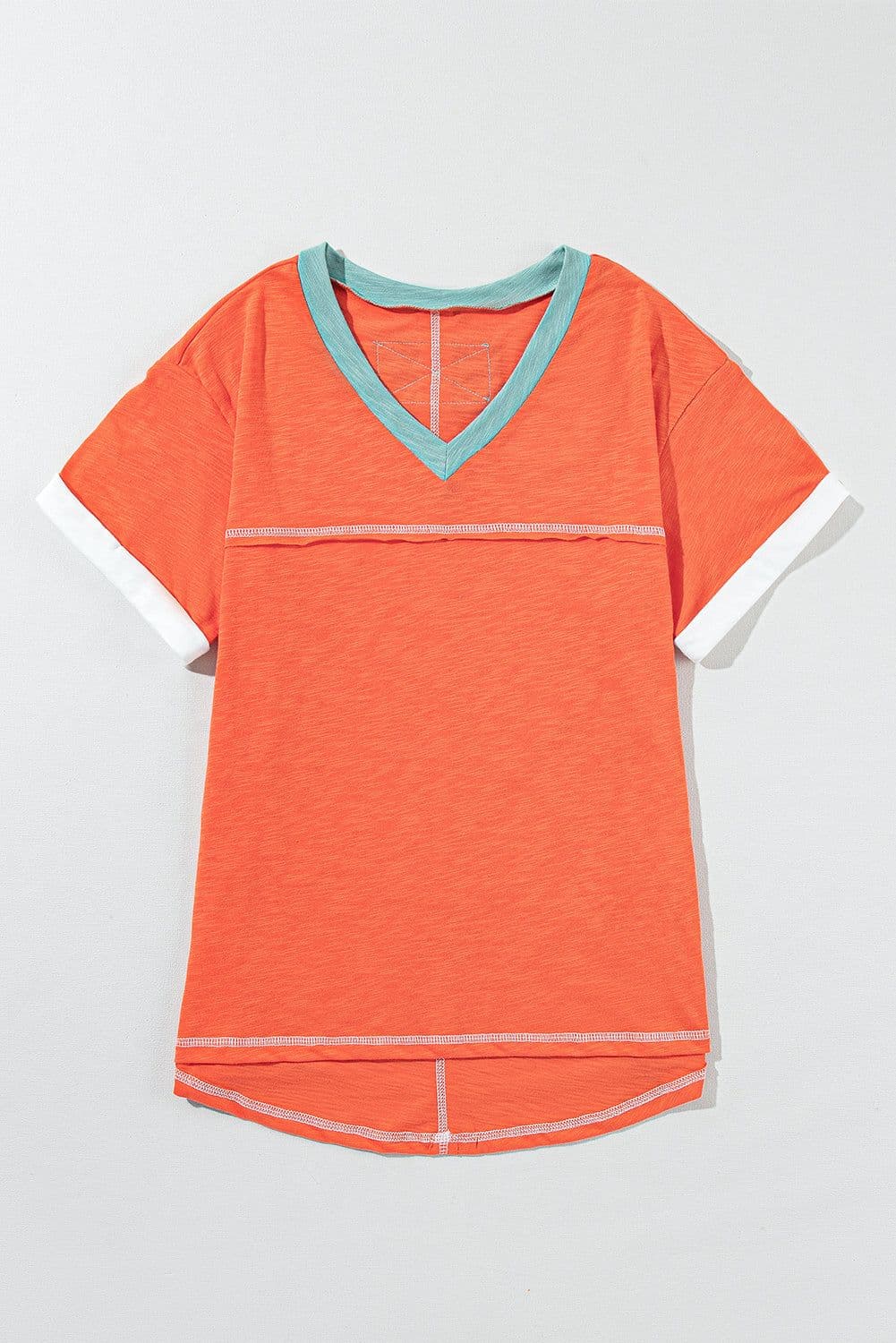 image-Contrast Trim V-Neck T-shirt - Grapefruit Orange