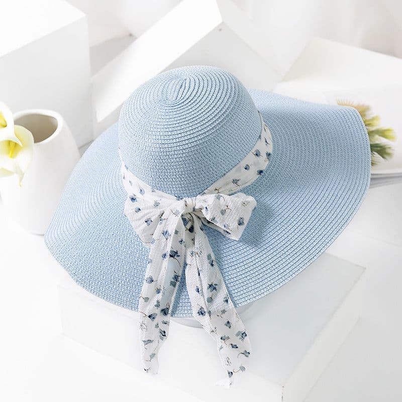 image-Women's Chiffon Straw Brim Hat - Khaki/Apricot Summer Beach Sunshade