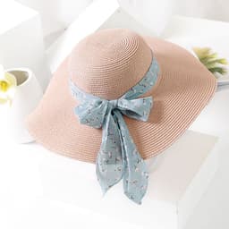 image-Women's Chiffon Straw Brim Hat - Khaki/Apricot Summer Beach Sunshade