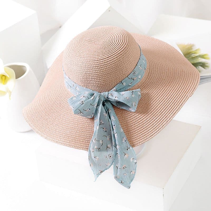 image-Women's Chiffon Straw Brim Hat - Khaki/Apricot Summer Beach Sunshade