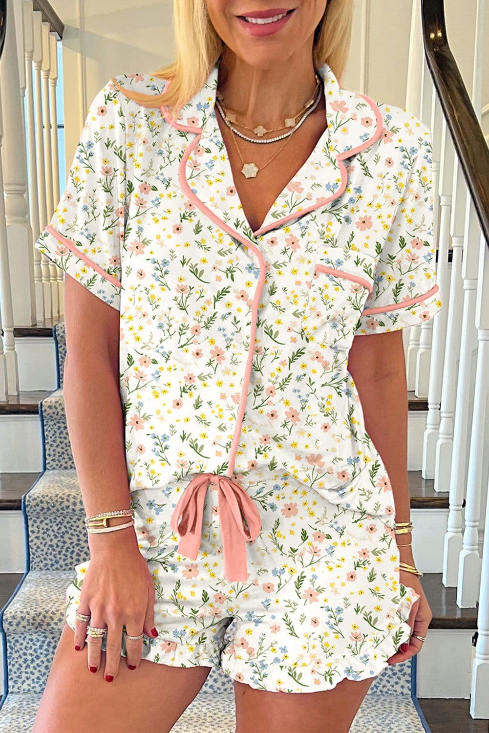 image-Beige Floral Print Contrast Pipping Short Pajamas Set