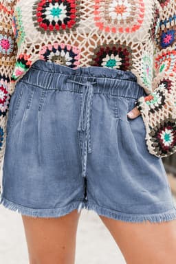 image-Dusk Blue Raw Hem Lace-up High Waist Plus Size Denim Shorts