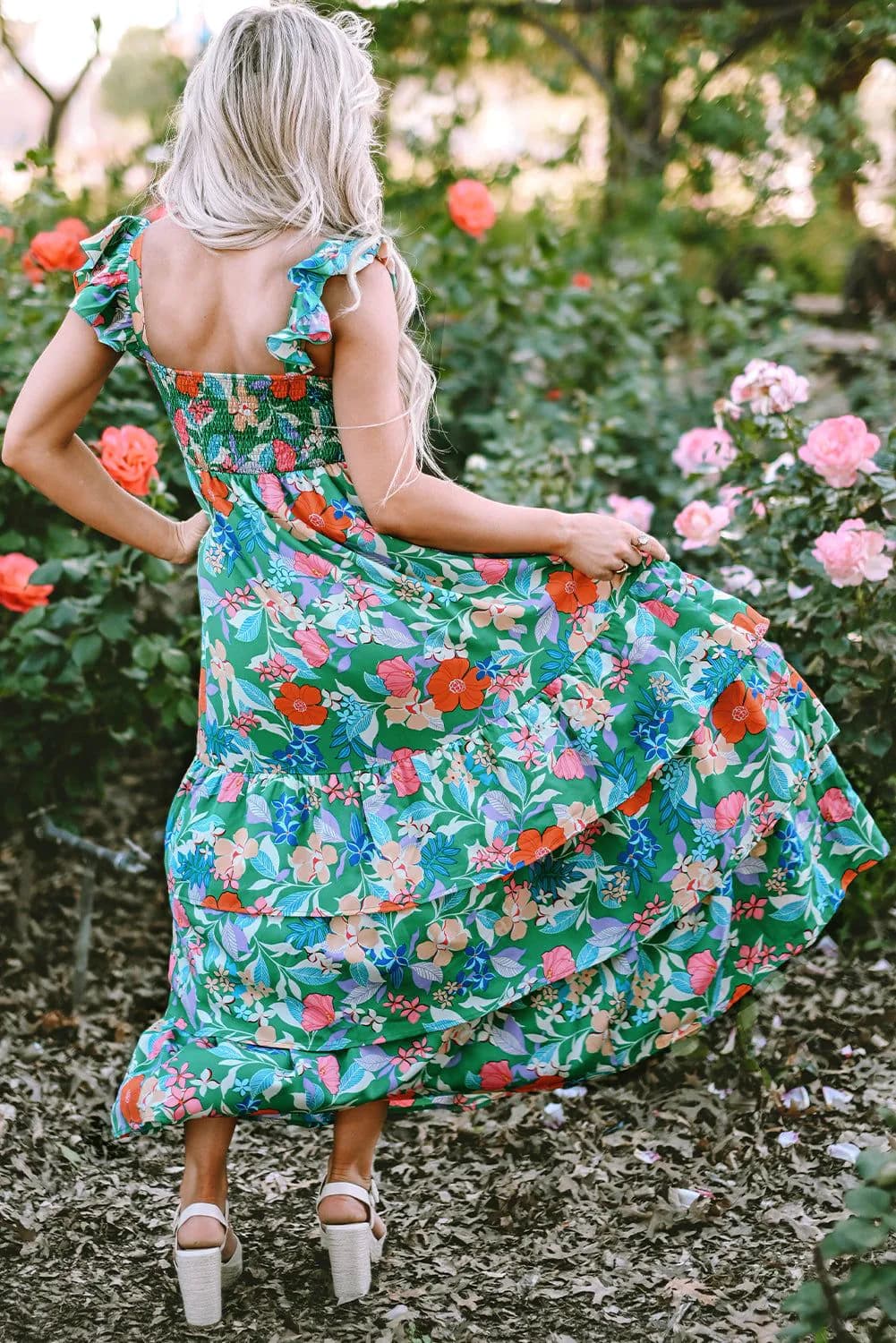 image-Green Floral Print Sleeveless Ruffle Tiered Maxi Dress