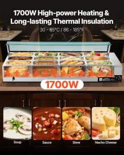 image-VEVOR Commercial Food Warmer, 1700W Electric Stainless Steel Steam Food Warmer with Glass Cover, 12-Pan Countertop Buffet Bain Marie with Soup & Perforated Ladles, for Catering, Restaurant & Party