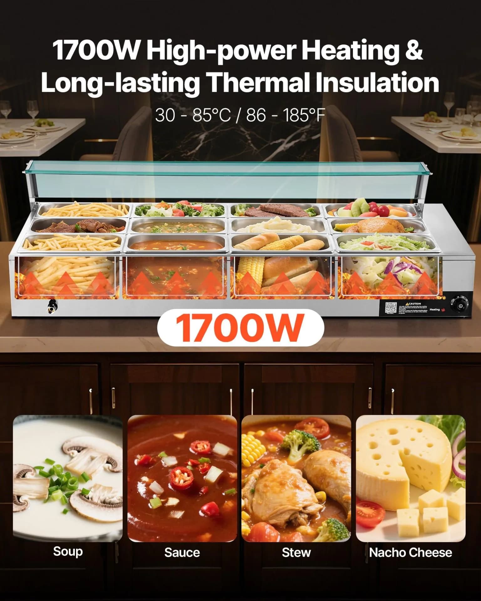 image-VEVOR Commercial Food Warmer, 1700W Electric Stainless Steel Steam Food Warmer with Glass Cover, 12-Pan Countertop Buffet Bain Marie with Soup & Perforated Ladles, for Catering, Restaurant & Party