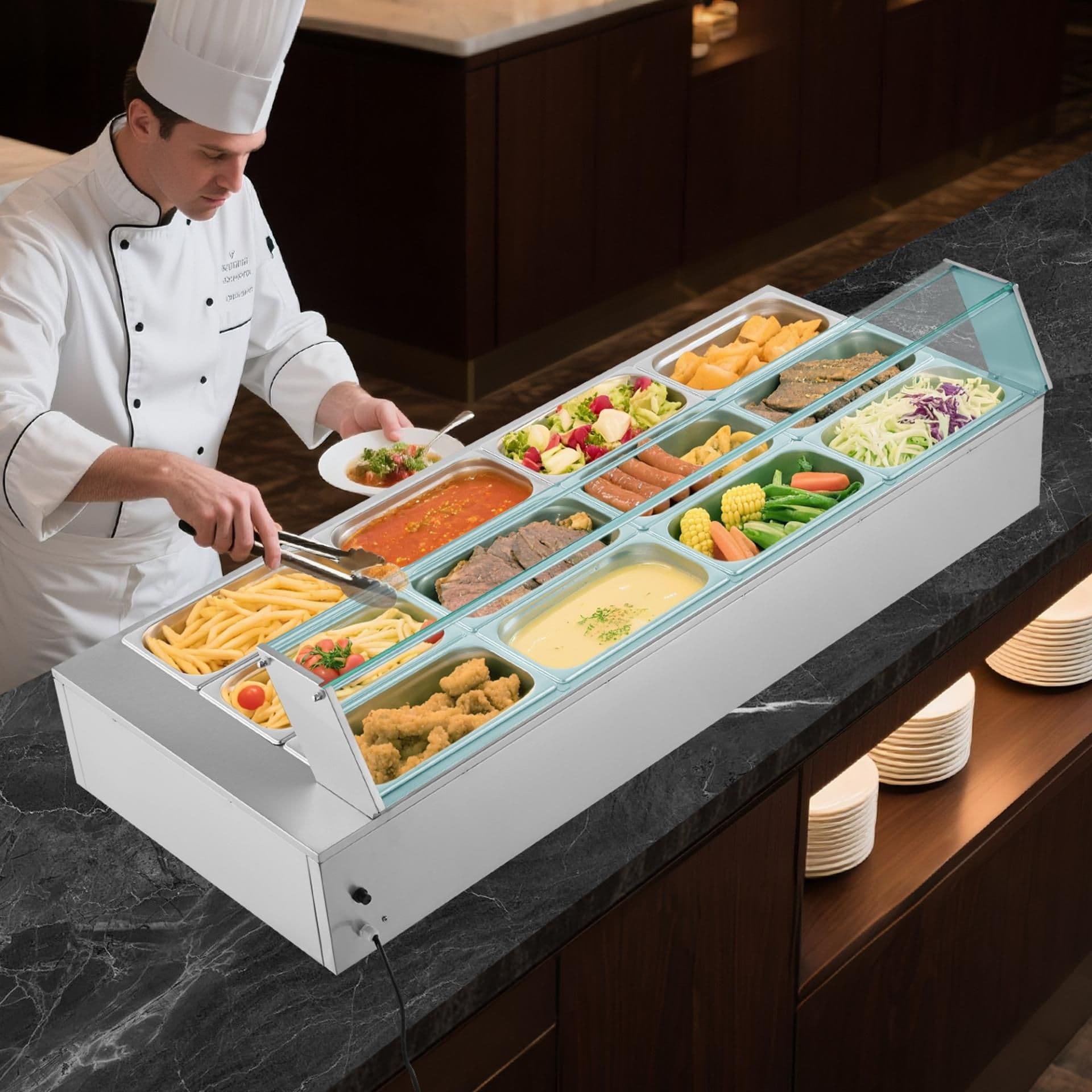 image-VEVOR Commercial Food Warmer, 1700W Electric Stainless Steel Steam Food Warmer with Glass Cover, 12-Pan Countertop Buffet Bain Marie with Soup & Perforated Ladles, for Catering, Restaurant & Party