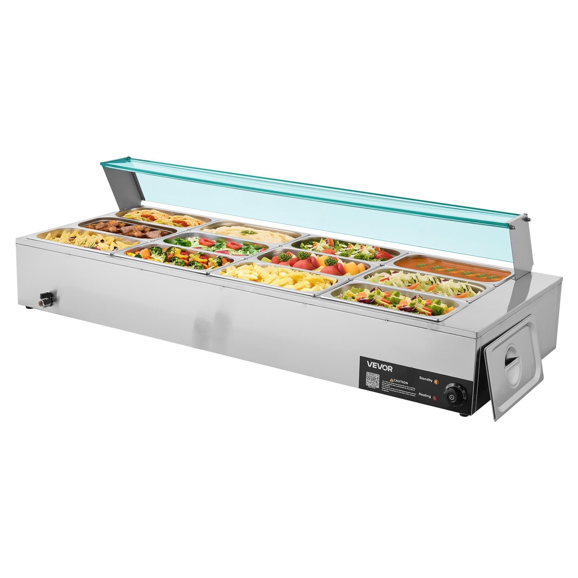 image-VEVOR Commercial Food Warmer, 1700W Electric Stainless Steel Steam Food Warmer with Glass Cover, 12-Pan Countertop Buffet Bain Marie with Soup & Perforated Ladles, for Catering, Restaurant & Party