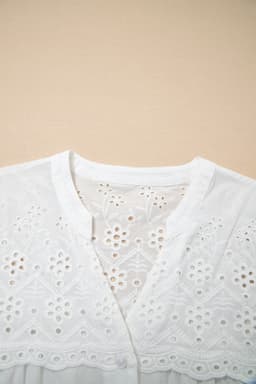 image-White Flower Eyelet Embroidered Patchwork Sheer Shirt