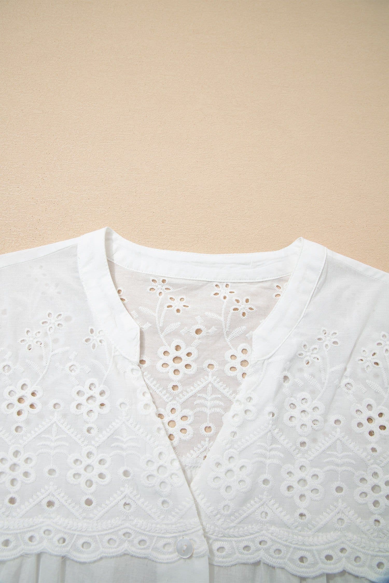 image-White Flower Eyelet Embroidered Patchwork Sheer Shirt