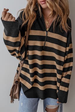 image-Oversized Stripe Collared Quarter Zipper Sweater - Black (60 chars)