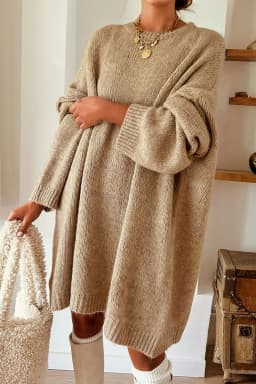image-Pale Khaki Exposed Seam Drop Shoulder Oversize Sweater Mini Dress