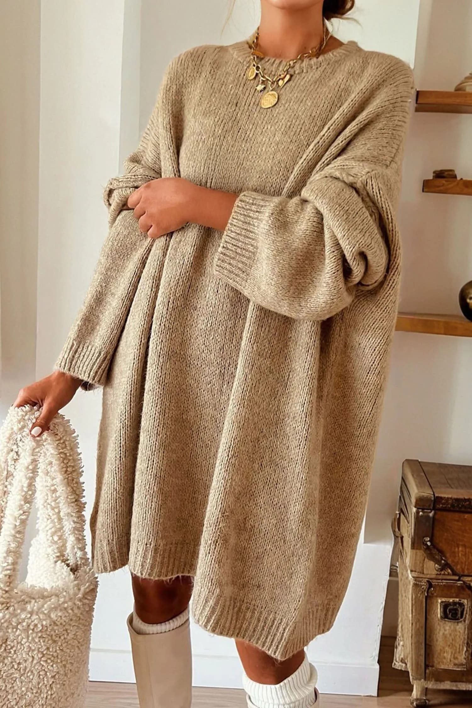 image-Pale Khaki Exposed Seam Drop Shoulder Oversize Sweater Mini Dress
